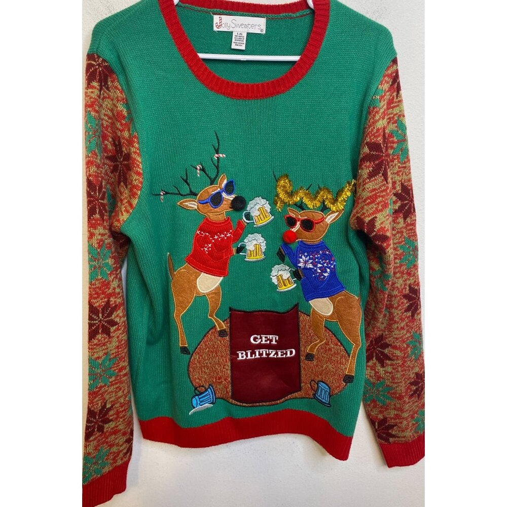 Ugly Christmas Jolly Sweater "Get Blitzed" Beer Drinking Party Reindeer LARGE